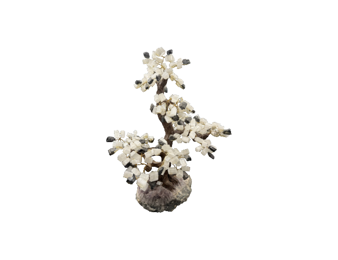 Arbol de selenita con turmalina con base de amatista